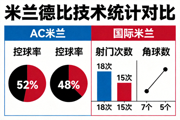 米兰德比比赛技术统计对比图表，包括控球率、射门次数、角球数等数据可视化展示